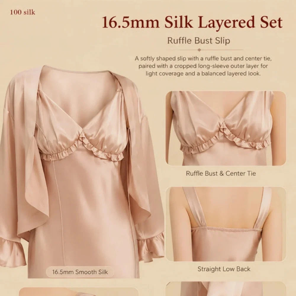 100% Mulberry Silk 16.5Momme Spaghetti Strap Ruffle Nightgown with Layer Set