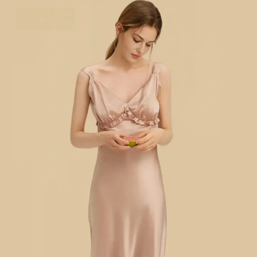 100% Mulberry Silk 16.5Momme Spaghetti Strap Ruffle Nightgown with Layer Set