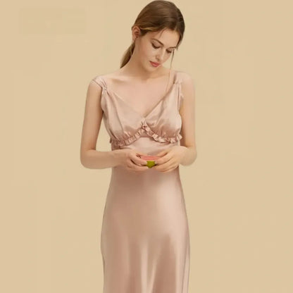 100% Mulberry Silk 16.5Momme Spaghetti Strap Ruffle Nightgown with Layer Set
