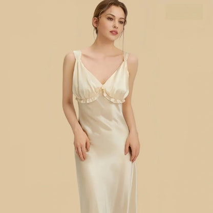 100% Mulberry Silk 16.5Momme Spaghetti Strap Ruffle Nightgown with Layer Set