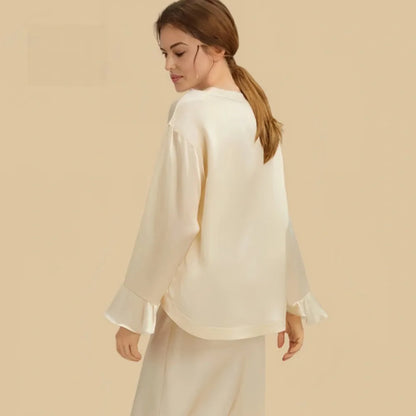 100% Mulberry Silk 16.5Momme Spaghetti Strap Ruffle Nightgown with Layer Set