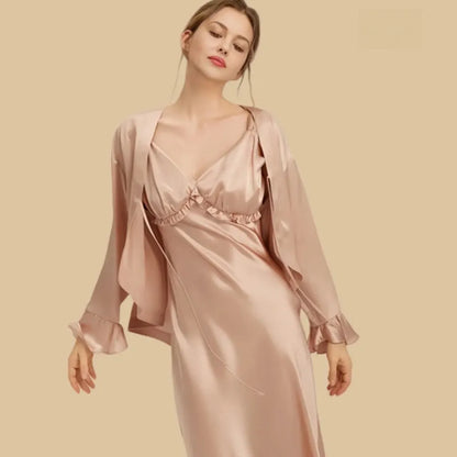 100% Mulberry Silk 16.5Momme Spaghetti Strap Ruffle Nightgown with Layer Set
