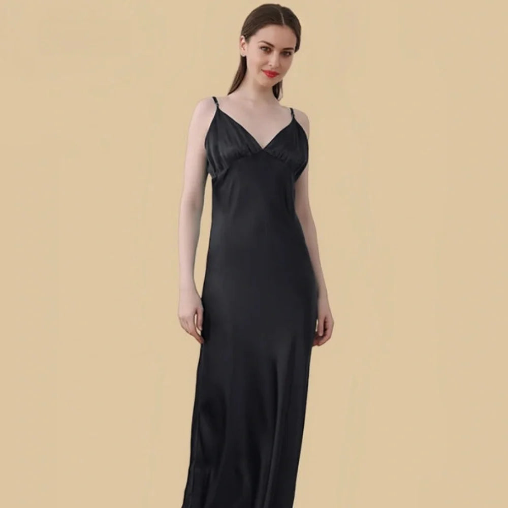 100% Mulberry Silk 19 Momme Spaghetti Strap Maxi Nightgown with Deep V-back