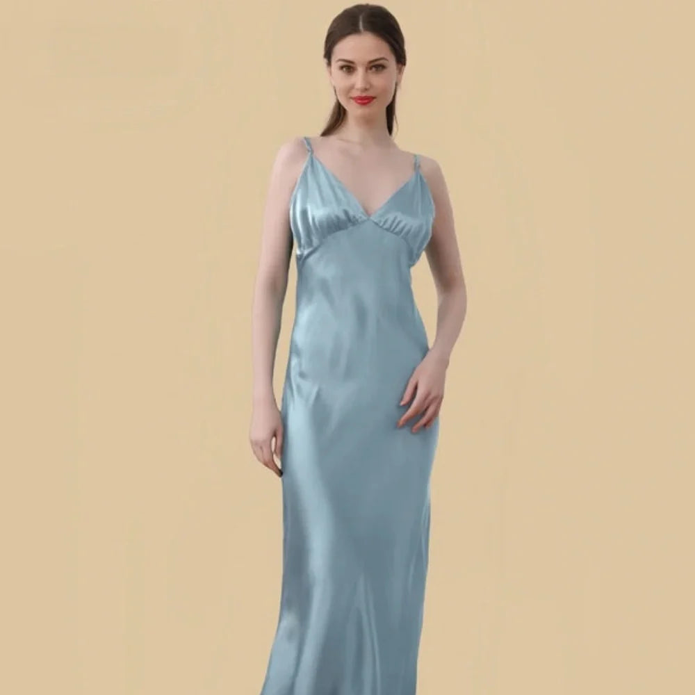 100% Mulberry Silk 19 Momme Spaghetti Strap Maxi Nightgown with Deep V-back