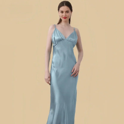 100% Mulberry Silk 19 Momme Spaghetti Strap Maxi Nightgown with Deep V-back