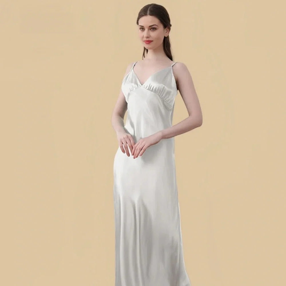 100% Mulberry Silk 19 Momme Spaghetti Strap Maxi Nightgown with Deep V-back