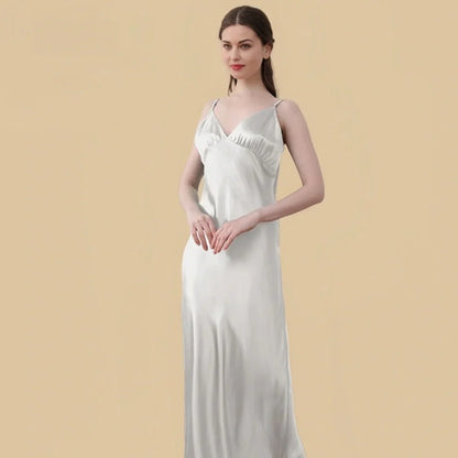 100% Mulberry Silk 19 Momme Spaghetti Strap Maxi Nightgown with Deep V-back