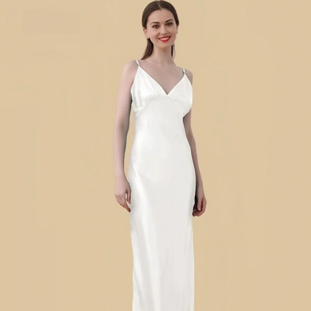 100% Mulberry Silk 19 Momme Spaghetti Strap Maxi Nightgown with Deep V-back