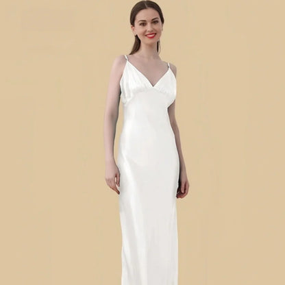 100% Mulberry Silk 19 Momme Spaghetti Strap Maxi Nightgown with Deep V-back