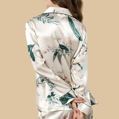 100% Mulberry Silk 19Momme Botanical Print Long Sleeve Women&