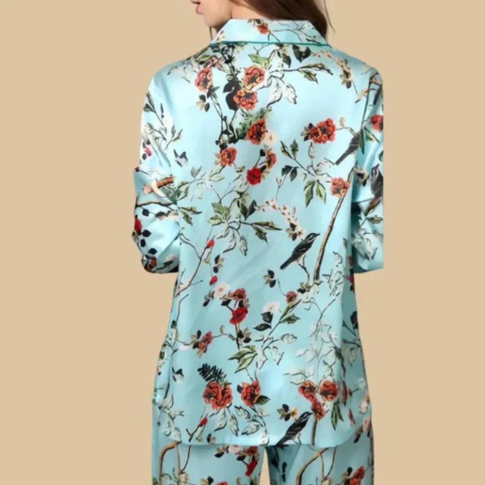 100% Mulberry Silk 19Momme Botanical Print Long Sleeve Women&