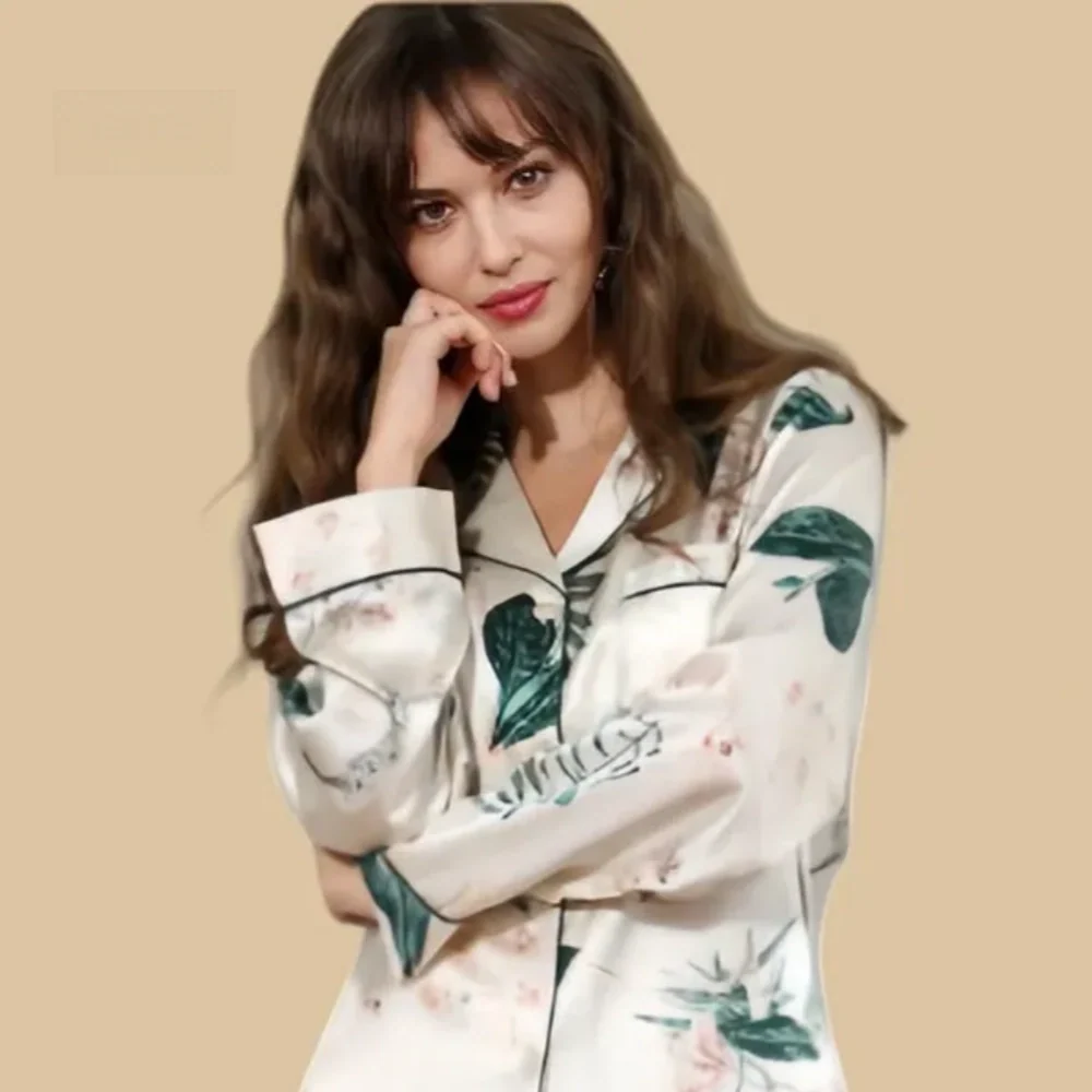 100% Mulberry Silk 19Momme Botanical Print Long Sleeve Women&