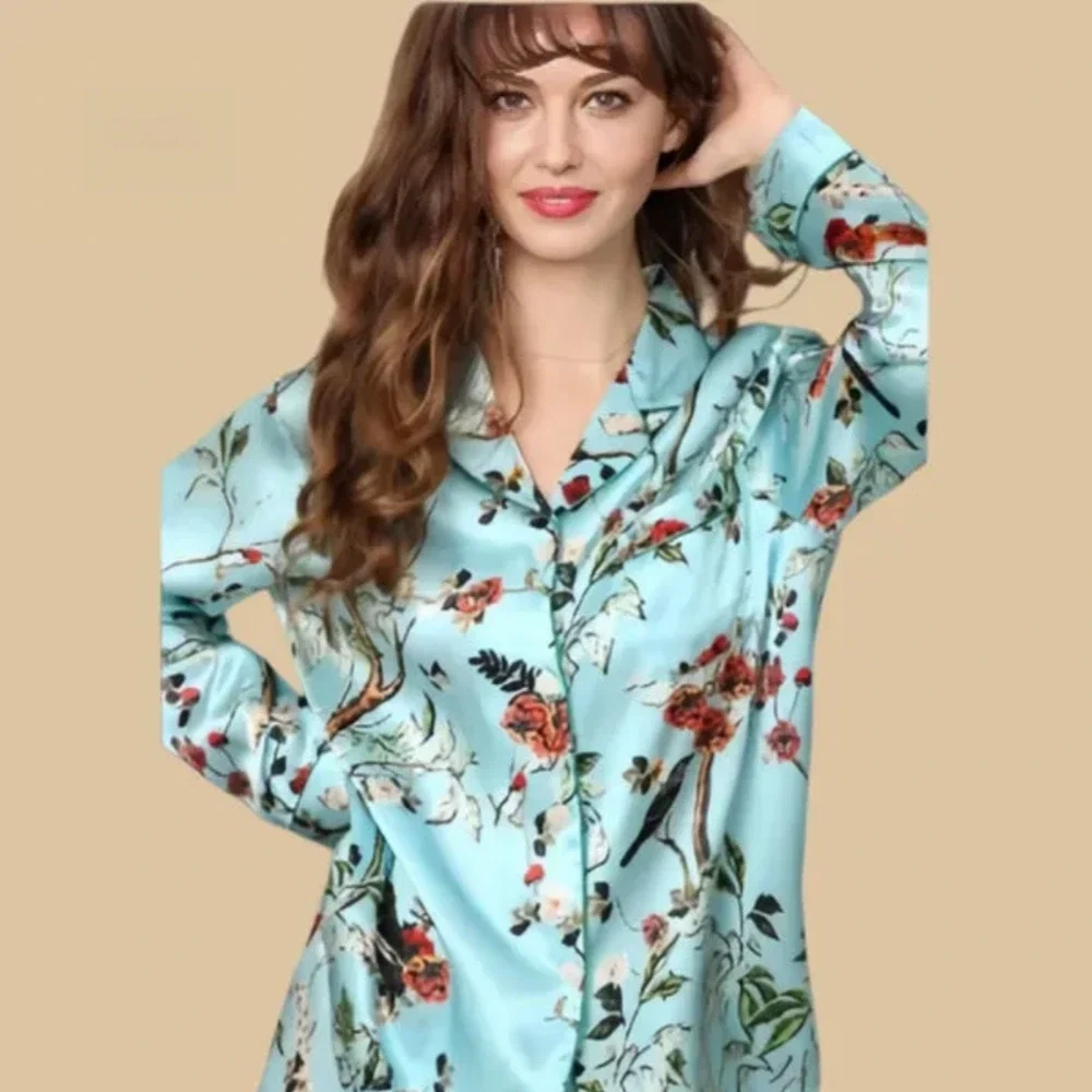100% Mulberry Silk 19Momme Botanical Print Long Sleeve Women&