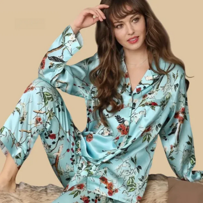 100% Mulberry Silk 19Momme Botanical Print Long Sleeve Women&