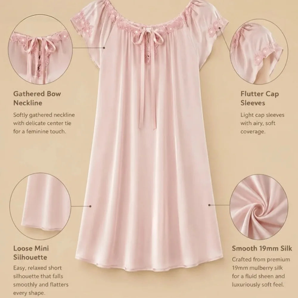 100% Mulberry Silk 19Momme Bow-Neck Short Nightgown with Flutter Sleeves
