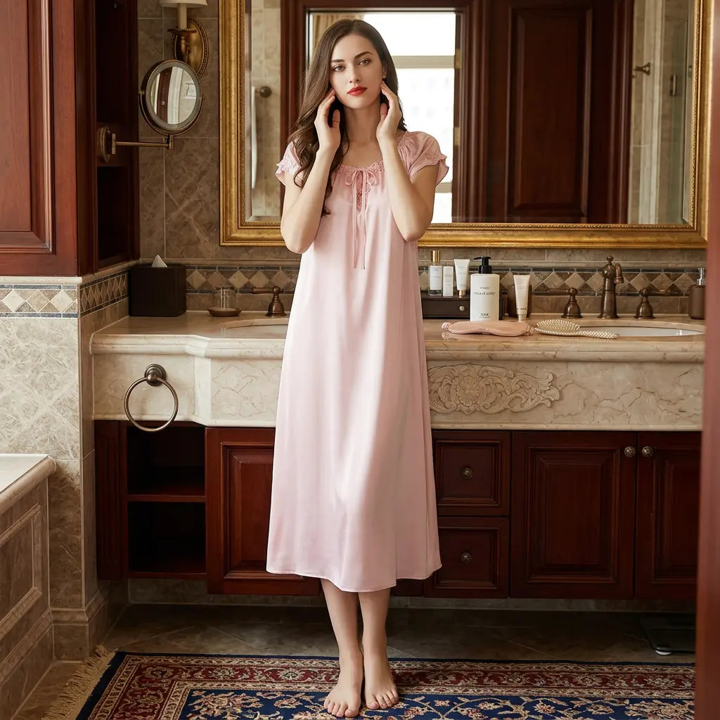 100% Mulberry Silk 19Momme Bow-Neck Short Nightgown with Flutter Sleeves