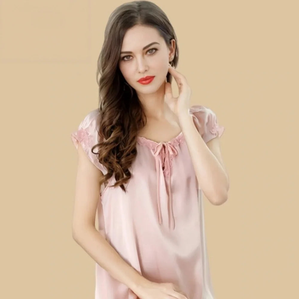100% Mulberry Silk 19Momme Bow-Neck Short Nightgown with Flutter Sleeves