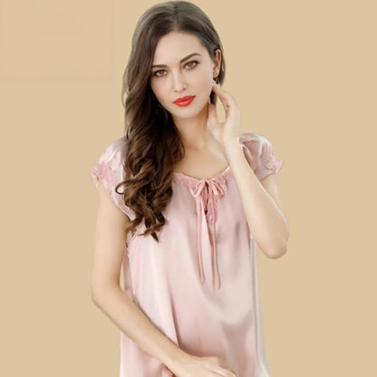 100% Mulberry Silk 19Momme Bow-Neck Short Nightgown with Flutter Sleeves