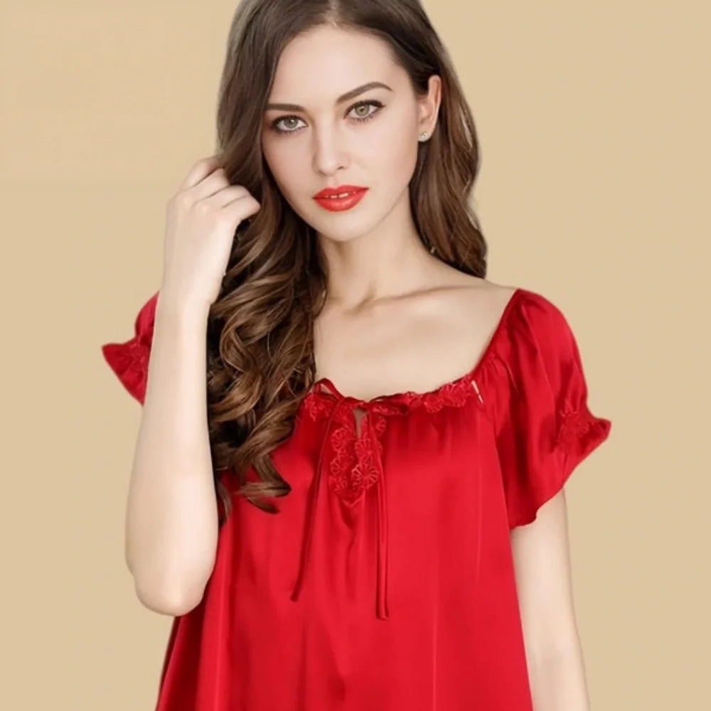 100% Mulberry Silk 19Momme Bow-Neck Short Nightgown with Flutter Sleeves