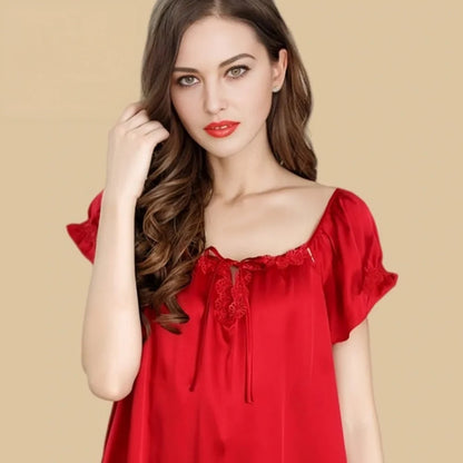 100% Mulberry Silk 19Momme Bow-Neck Short Nightgown with Flutter Sleeves