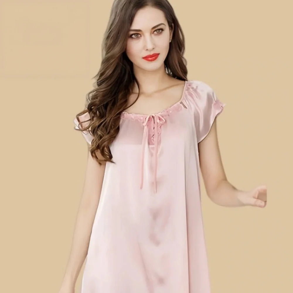 100% Mulberry Silk 19Momme Bow-Neck Short Nightgown with Flutter Sleeves