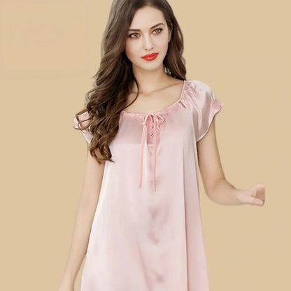 100% Mulberry Silk 19Momme Bow-Neck Short Nightgown with Flutter Sleeves