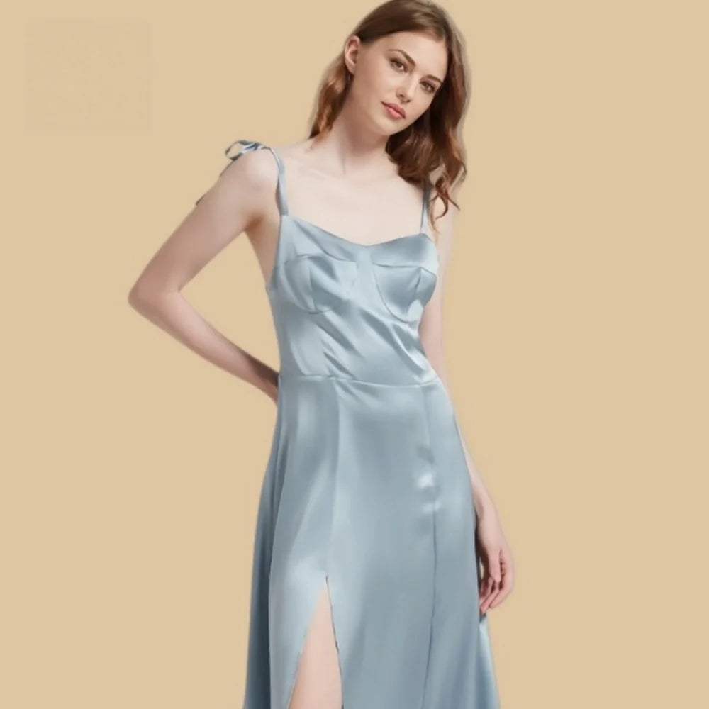 100% Mulberry Silk 19Momme Bow Spaghetti Strap Nightgown with Side Slit Design