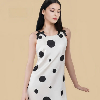 100% Mulberry Silk 19Momme Bow Strap Nightgown with Polka Dot and Low V Back