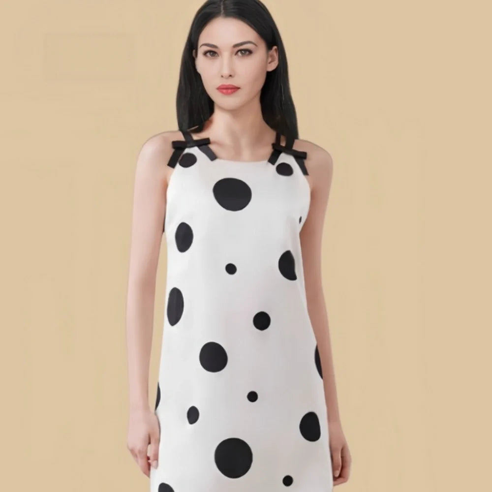 100% Mulberry Silk 19Momme Bow Strap Nightgown with Polka Dot and Low V Back