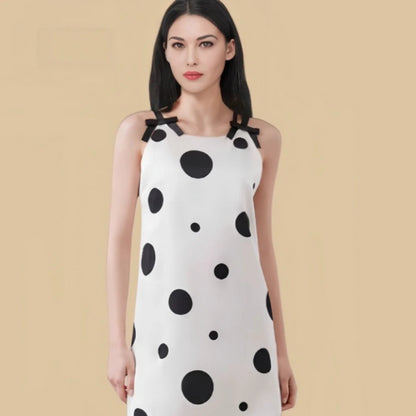 100% Mulberry Silk 19Momme Bow Strap Nightgown with Polka Dot and Low V Back