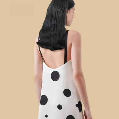 100% Mulberry Silk 19Momme Bow Strap Nightgown with Polka Dot and Low V Back