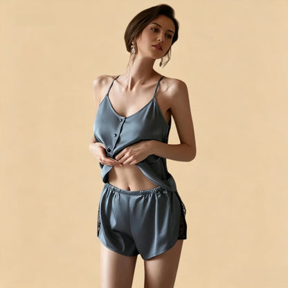 100% Mulberry Silk 19Momme Camisole Set with Lace Design