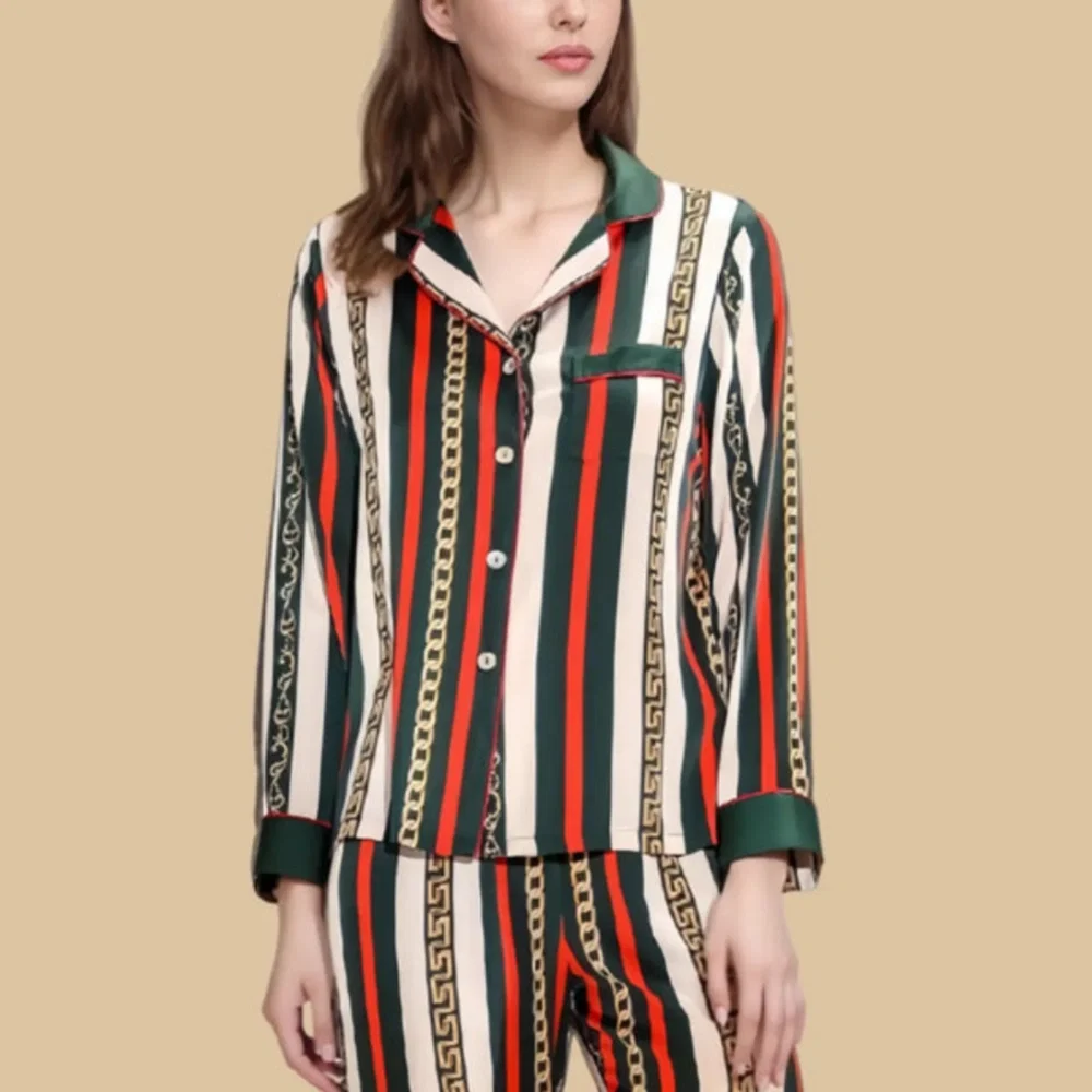 100% Mulberry Silk 19Momme Chain-Stripe Printed Women&
