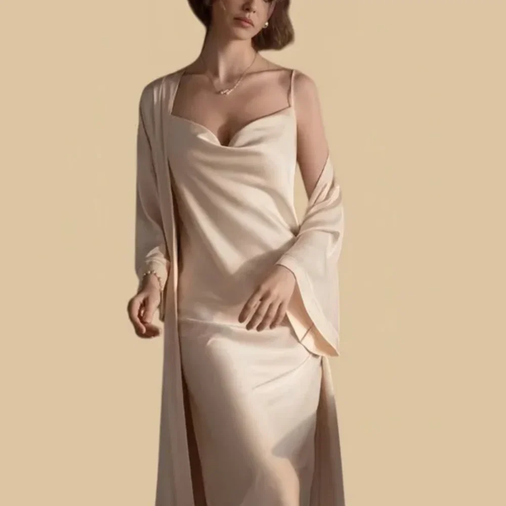100% Mulberry Silk 19Momme Cowl Neck Spaghetti Strap Midi Nightgown &amp; Kimono Robe Set