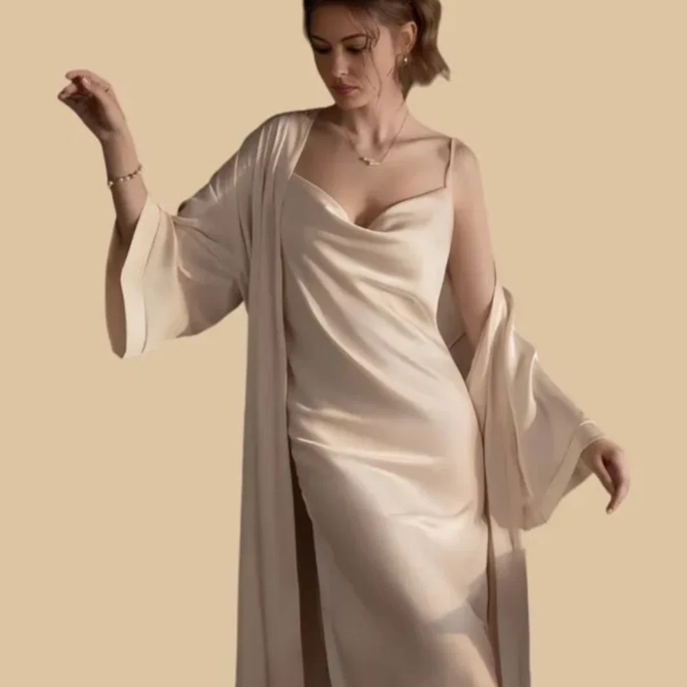 100% Mulberry Silk 19Momme Cowl Neck Spaghetti Strap Midi Nightgown &amp; Kimono Robe Set