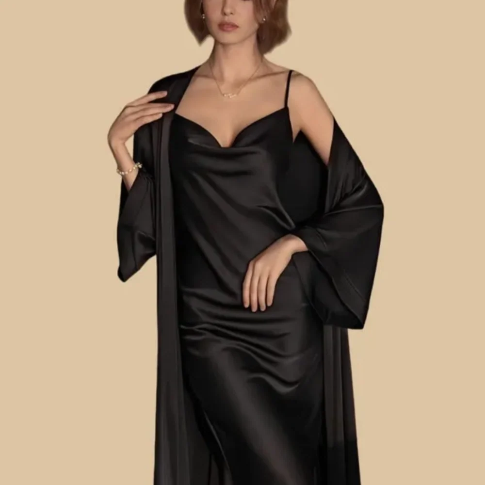 100% Mulberry Silk 19Momme Cowl Neck Spaghetti Strap Midi Nightgown &amp; Kimono Robe Set