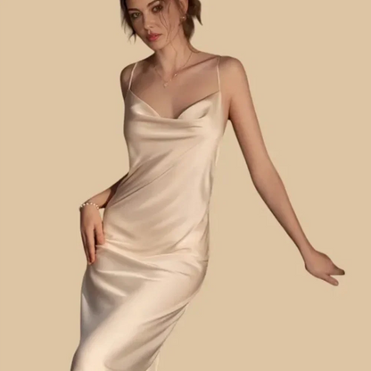 100% Mulberry Silk 19Momme Cowl Neck Spaghetti Strap Midi Nightgown &amp; Kimono Robe Set