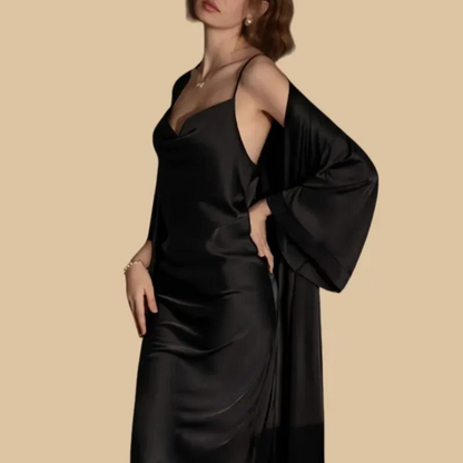 100% Mulberry Silk 19Momme Cowl Neck Spaghetti Strap Midi Nightgown &amp; Kimono Robe Set