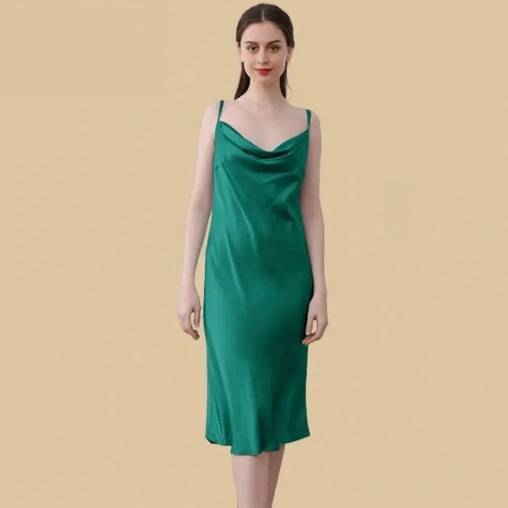 100% Mulberry Silk 19Momme Cowl Neck Spaghetti Strap Midi Nightgown