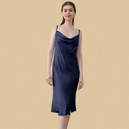 100% Mulberry Silk 19Momme Cowl Neck Spaghetti Strap Midi Nightgown
