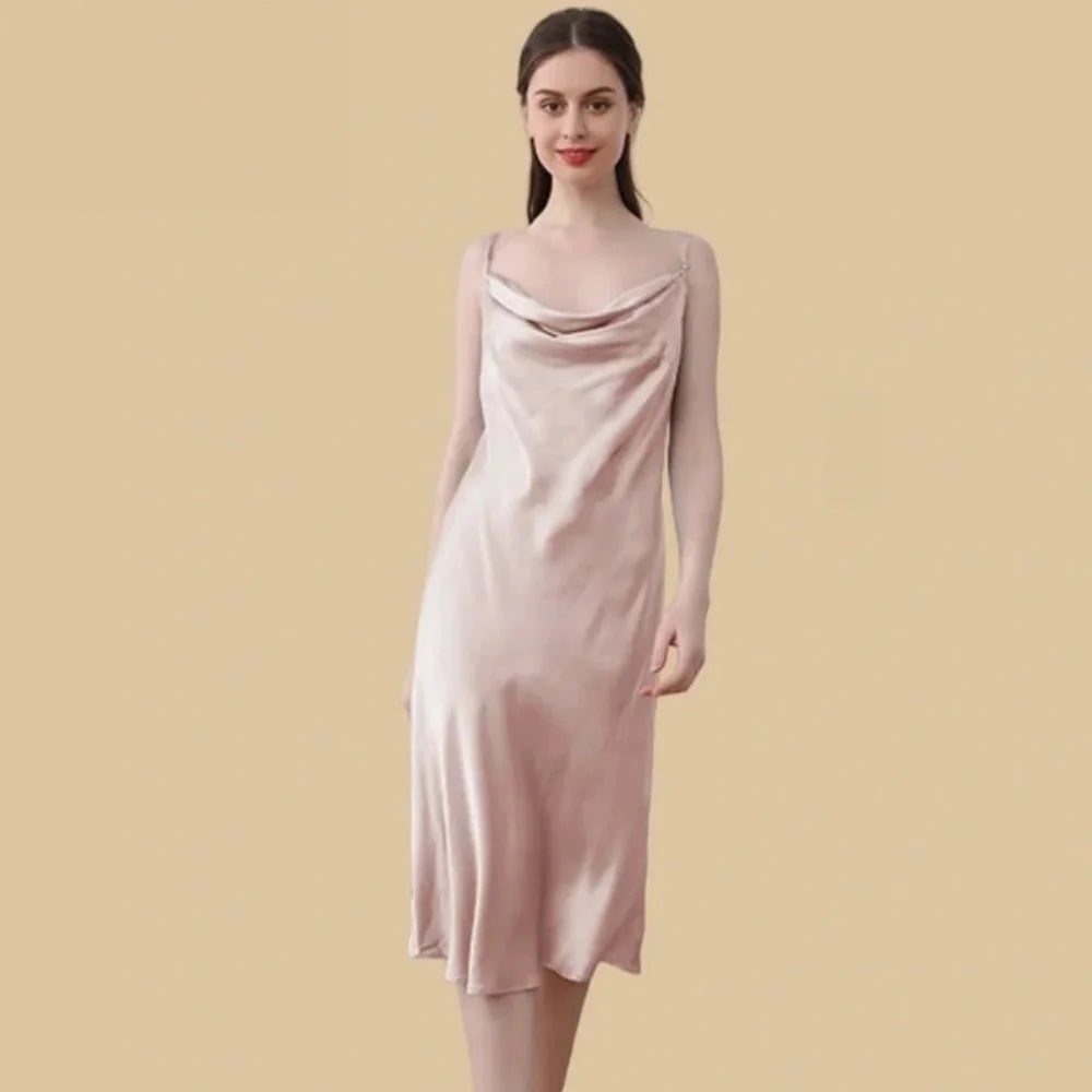 100% Mulberry Silk 19Momme Cowl Neck Spaghetti Strap Midi Nightgown