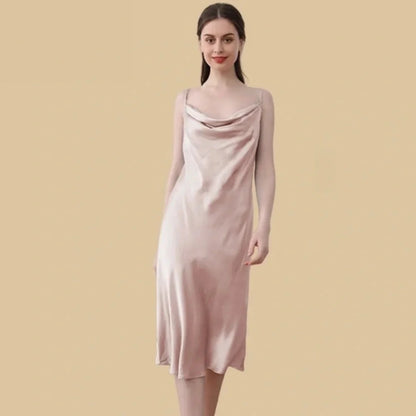 100% Mulberry Silk 19Momme Cowl Neck Spaghetti Strap Midi Nightgown
