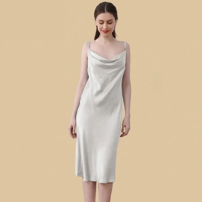 100% Mulberry Silk 19Momme Cowl Neck Spaghetti Strap Midi Nightgown