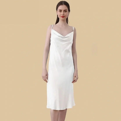 100% Mulberry Silk 19Momme Cowl Neck Spaghetti Strap Midi Nightgown