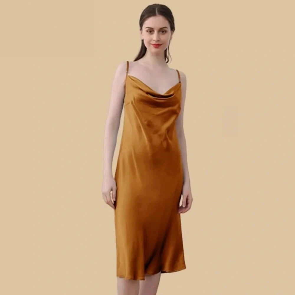 100% Mulberry Silk 19Momme Cowl Neck Spaghetti Strap Midi Nightgown