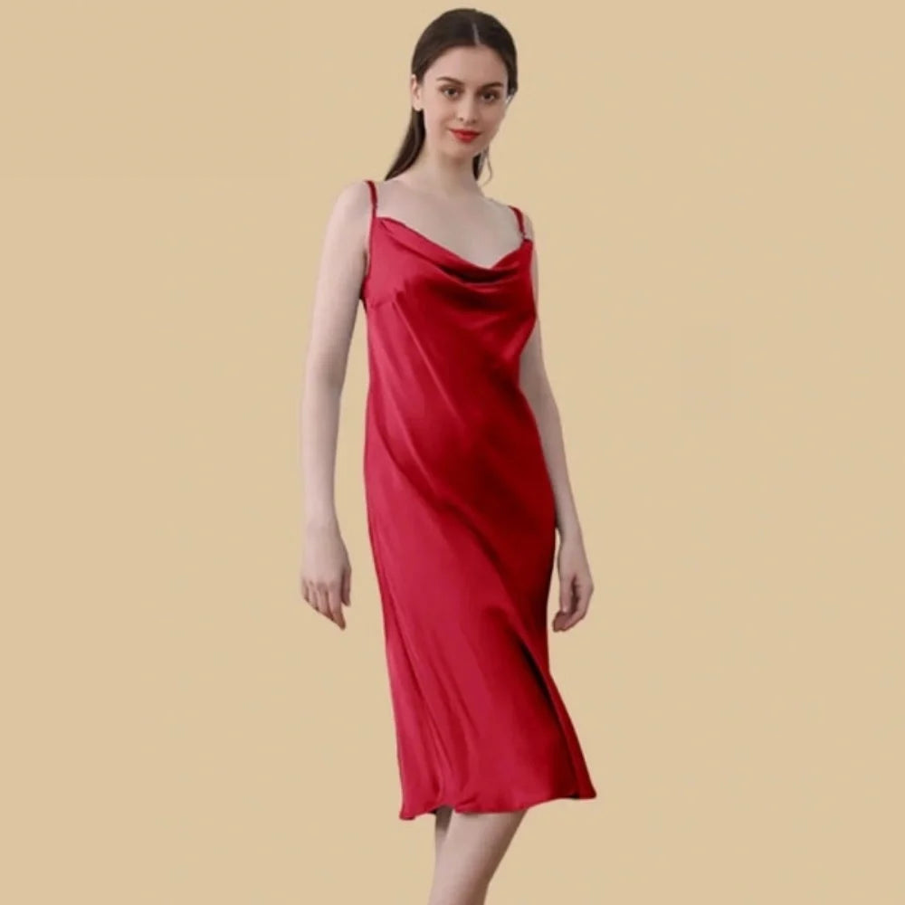 100% Mulberry Silk 19Momme Cowl Neck Spaghetti Strap Midi Nightgown