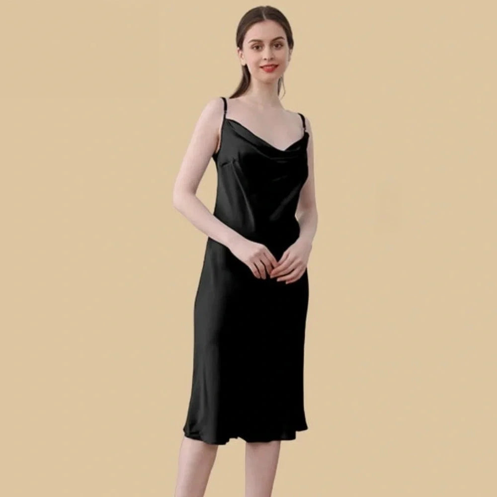 100% Mulberry Silk 19Momme Cowl Neck Spaghetti Strap Midi Nightgown