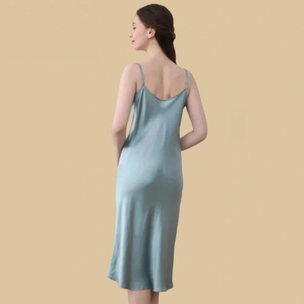 100% Mulberry Silk 19Momme Cowl Neck Spaghetti Strap Midi Nightgown