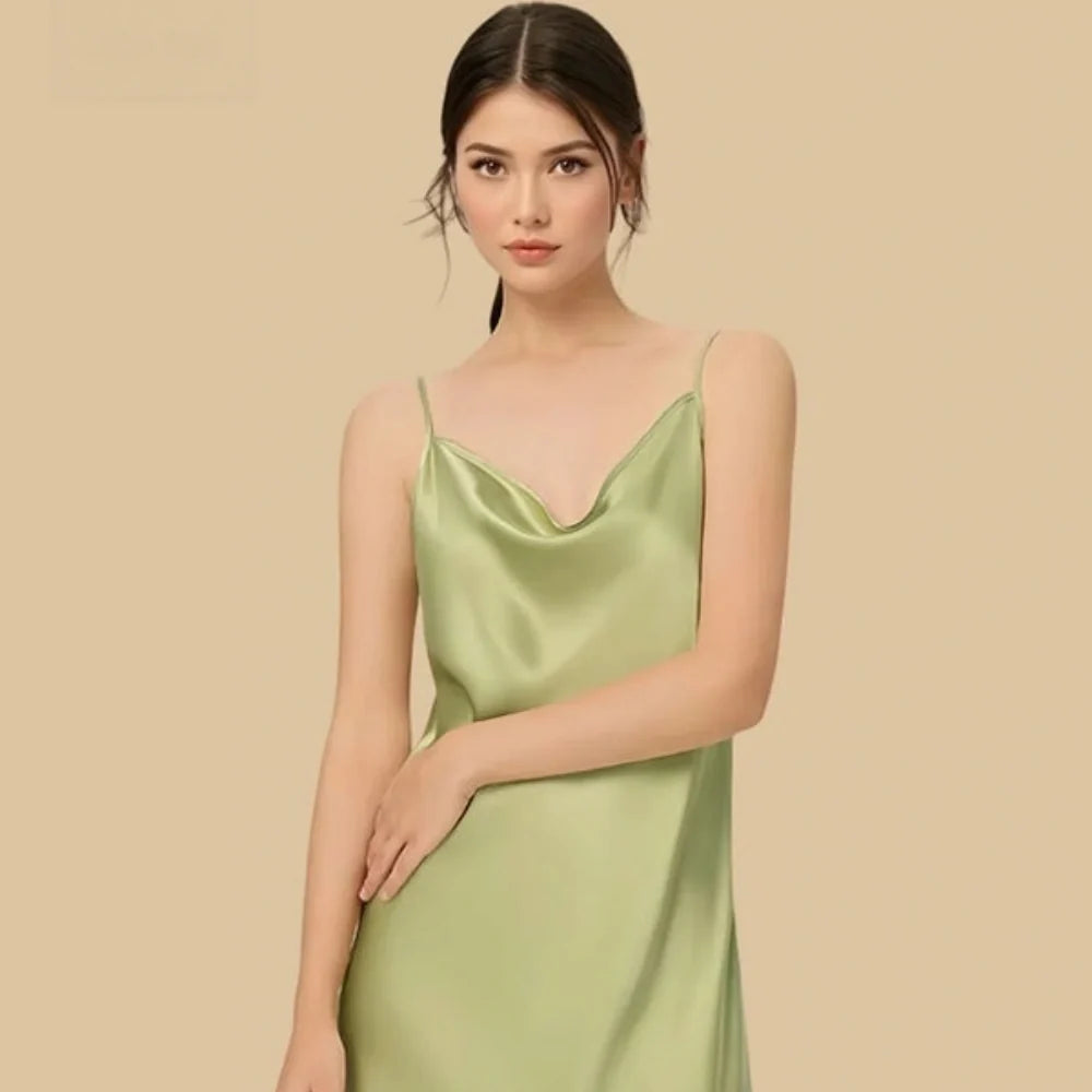 100% Mulberry Silk 19Momme Cowl Neck Spaghetti Strap Short Nightgown