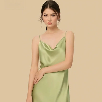 100% Mulberry Silk 19Momme Cowl Neck Spaghetti Strap Short Nightgown